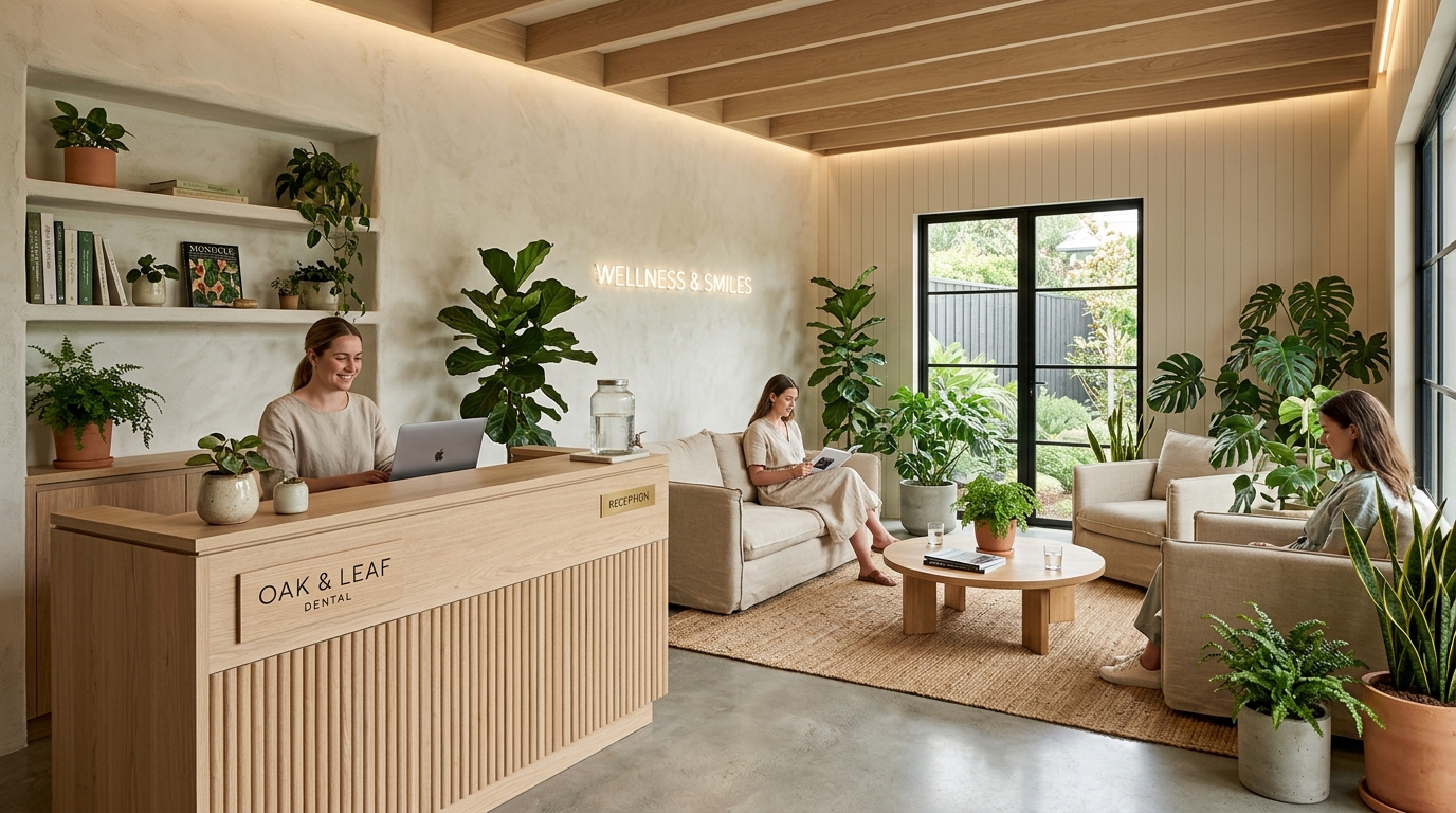 Dentist Eco tranquil biophilic reception lounge with botanical greenery and natural oak
